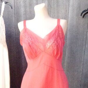 Vintage 36 Fullslip Powers Model Lace Drop Lace Slip Coral Red 1950s 60s USA